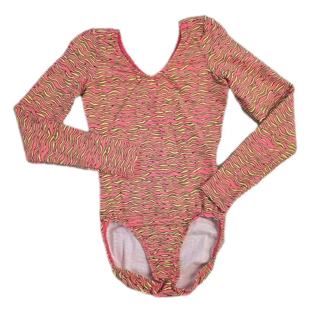 GK Elite VTG 90s Neon Zig Zag Zebra LS Cotton Leotard Bodysuit Pink AXS Adult XS